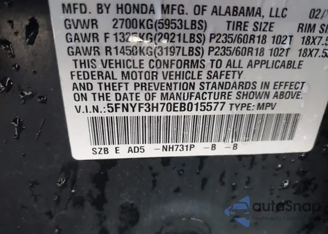 2014 Honda Pilot Ex-L из США, поврежденный, VIN 5FNYF3H70EB015577